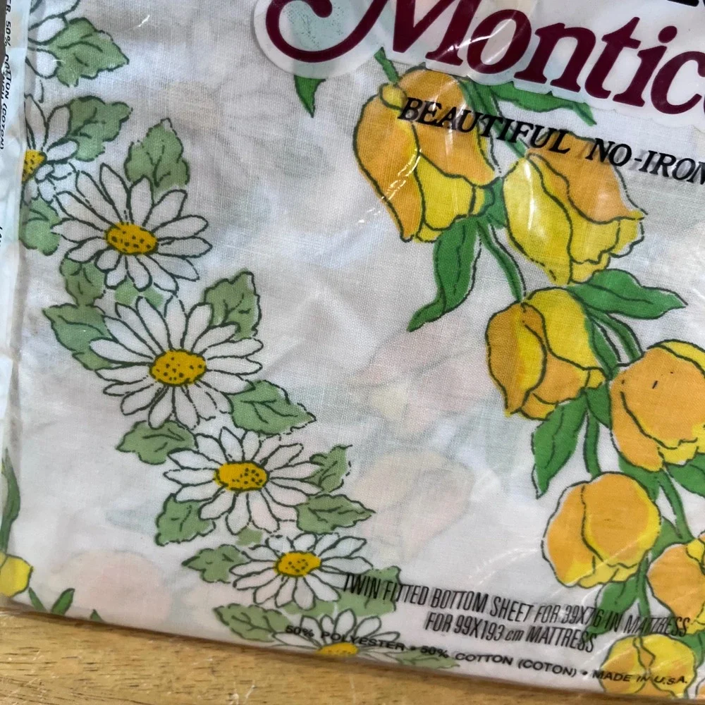 Vtg Cannon Monticello Twin Fitted Sheet Yellow Floral Daffodil Daisy NIP USA
